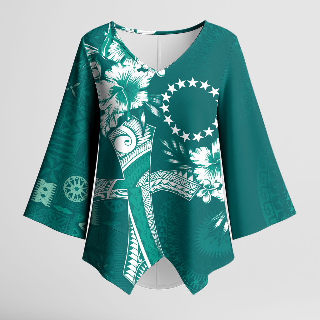 Kia Orana Cook Islands Tapa Floral With Cross Kimono Sleeve Blouse Deep Teal LT7 Female Deep Teal - Polynesian Pride