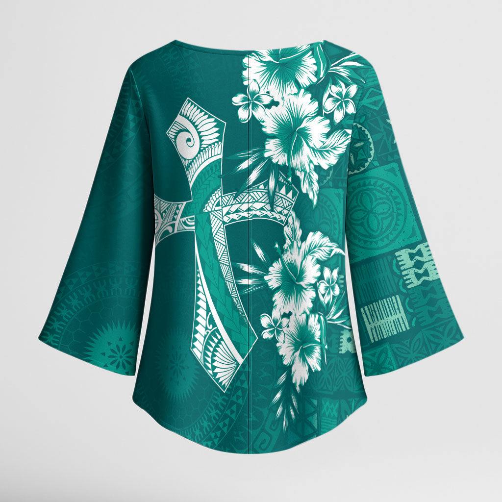 Kia Orana Cook Islands Tapa Floral With Cross Kimono Sleeve Blouse Deep Teal LT7 - Polynesian Pride