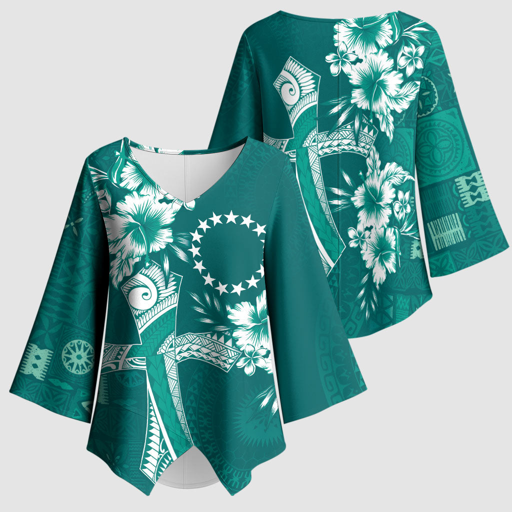 Kia Orana Cook Islands Tapa Floral With Cross Kimono Sleeve Blouse Deep Teal LT7 - Polynesian Pride