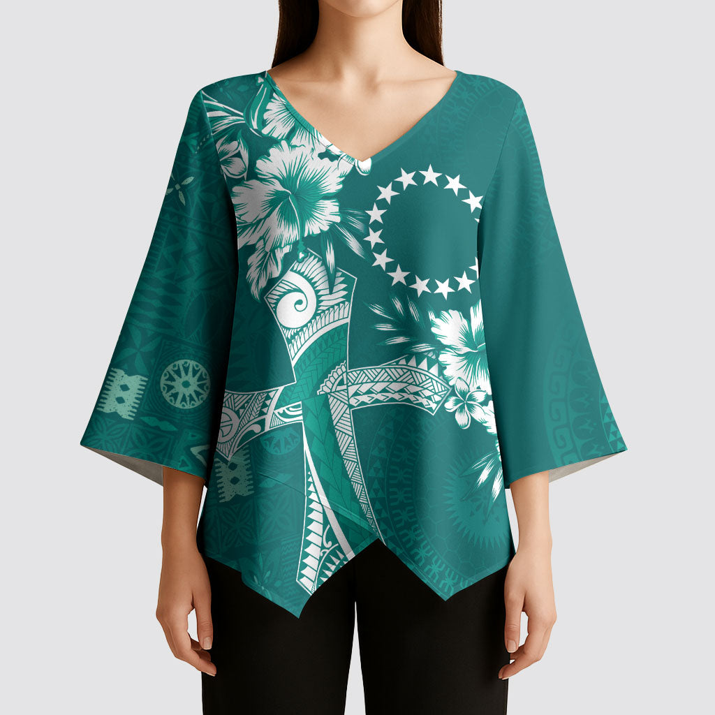 Kia Orana Cook Islands Tapa Floral With Cross Kimono Sleeve Blouse Deep Teal LT7 - Polynesian Pride