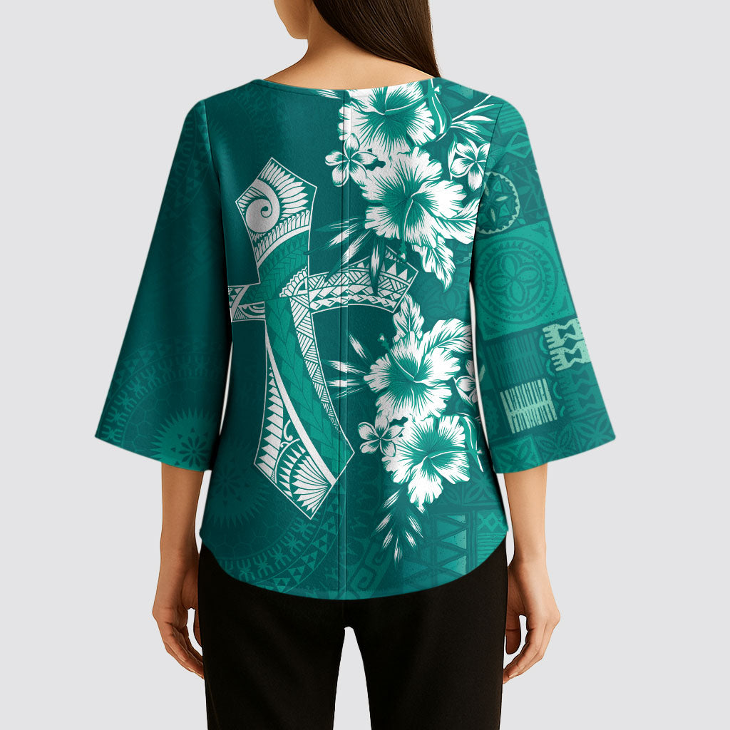 Kia Orana Cook Islands Tapa Floral With Cross Kimono Sleeve Blouse Deep Teal LT7 - Polynesian Pride