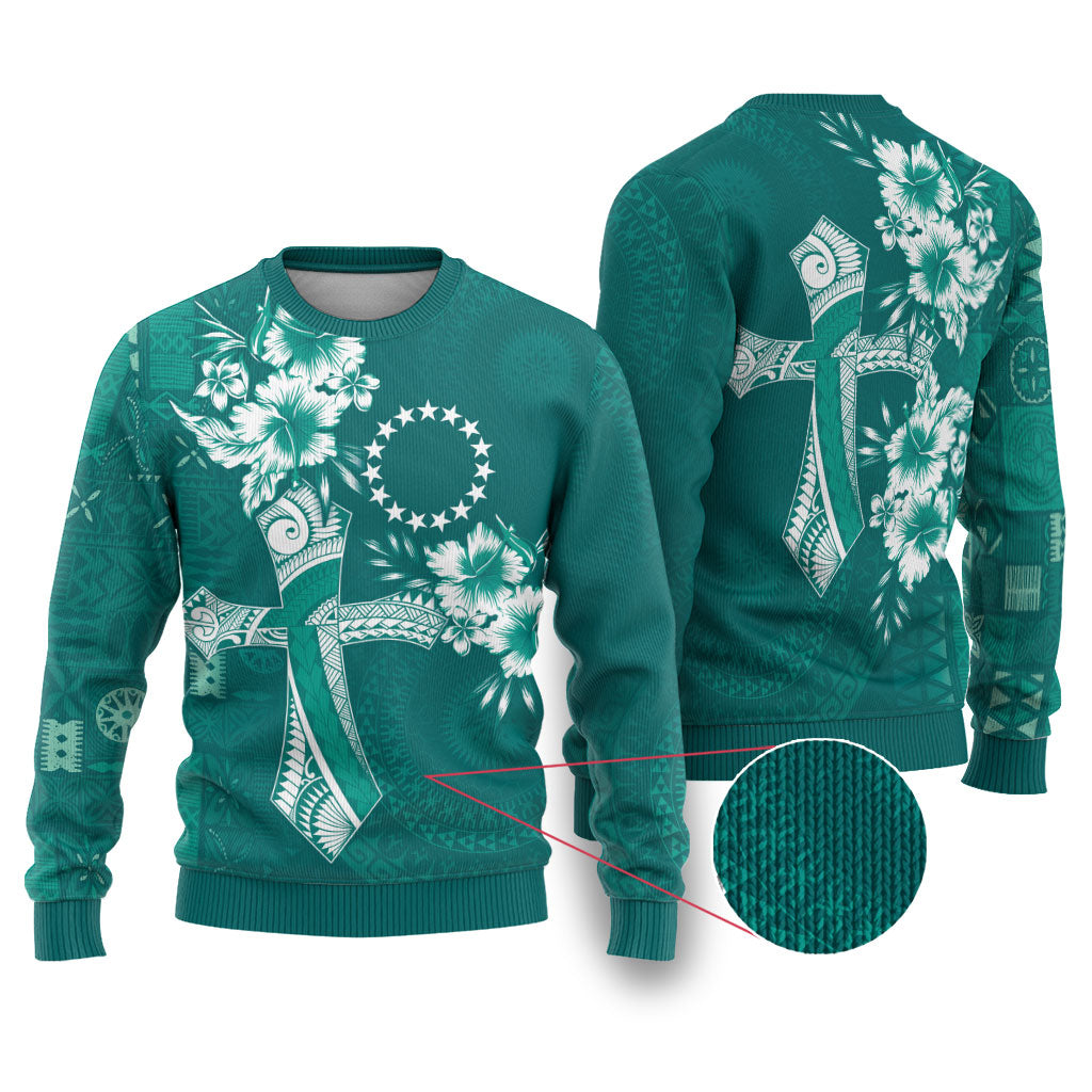 Kia Orana Cook Islands Tapa Floral With Cross Ugly Christmas Sweater Deep Teal LT7 Deep Teal - Polynesian Pride