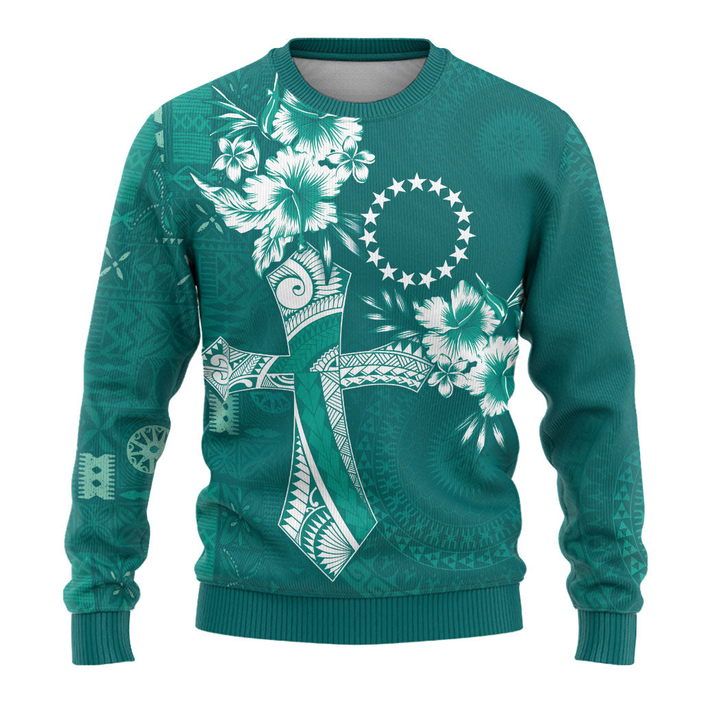 Kia Orana Cook Islands Tapa Floral With Cross Ugly Christmas Sweater Deep Teal LT7 - Polynesian Pride