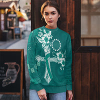 Kia Orana Cook Islands Tapa Floral With Cross Ugly Christmas Sweater Deep Teal LT7 - Polynesian Pride