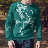 Kia Orana Cook Islands Tapa Floral With Cross Ugly Christmas Sweater Deep Teal LT7 - Polynesian Pride