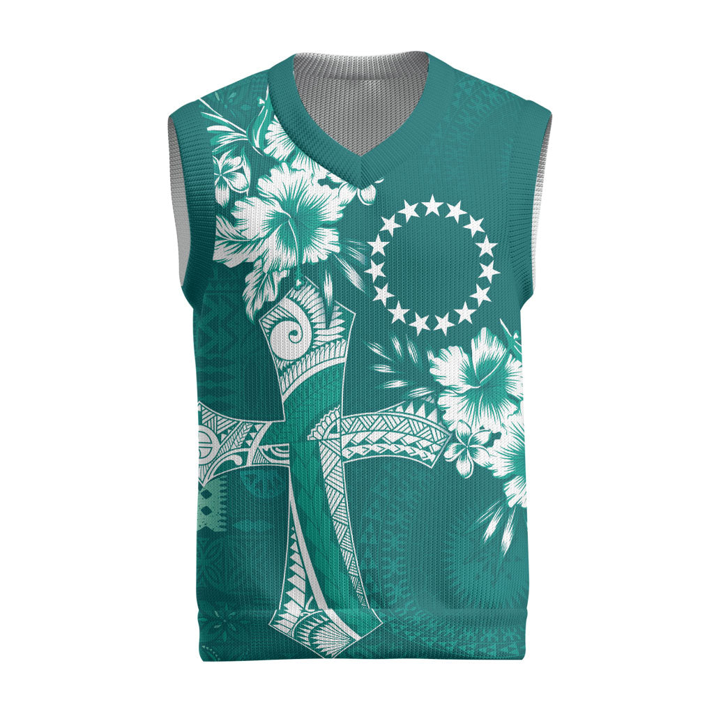 Kia Orana Cook Islands Tapa Floral With Cross Christmas Knitted V-Neck Vest Deep Teal LT7 Deep Teal - Polynesian Pride
