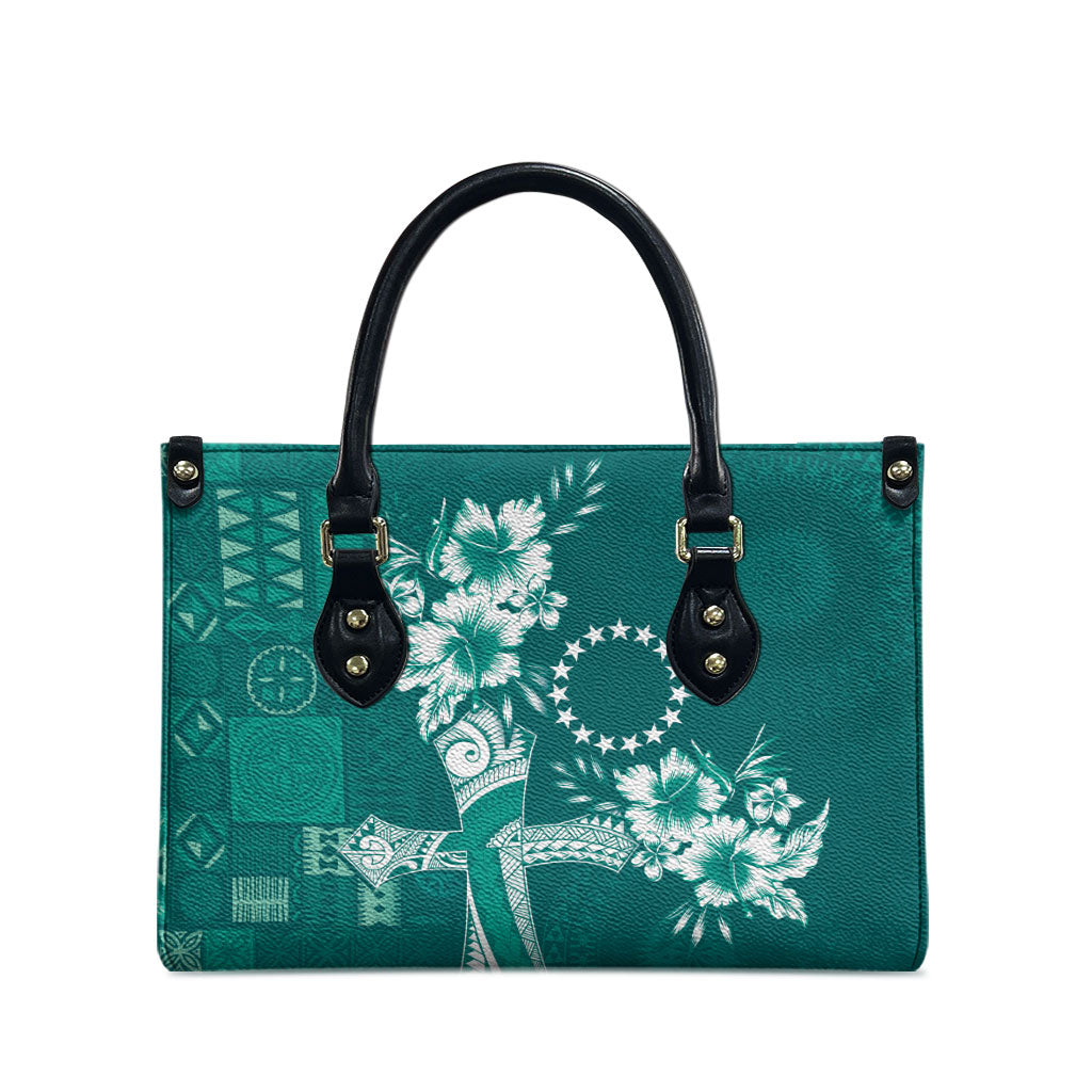 Kia Orana Cook Islands Tapa Floral With Cross Leather Bag Deep Teal LT7 - Polynesian Pride