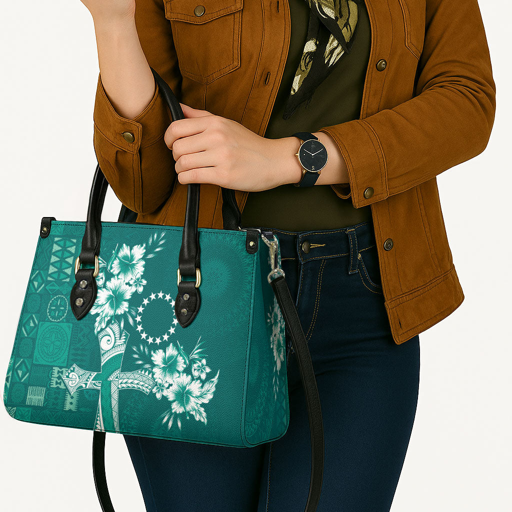 Kia Orana Cook Islands Tapa Floral With Cross Leather Bag Deep Teal LT7 - Polynesian Pride
