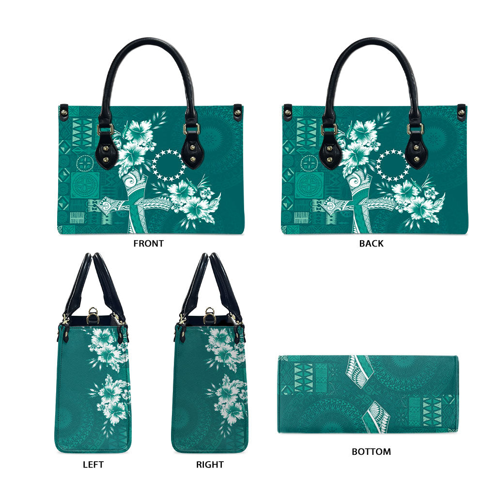 Kia Orana Cook Islands Tapa Floral With Cross Leather Bag Deep Teal LT7 - Polynesian Pride