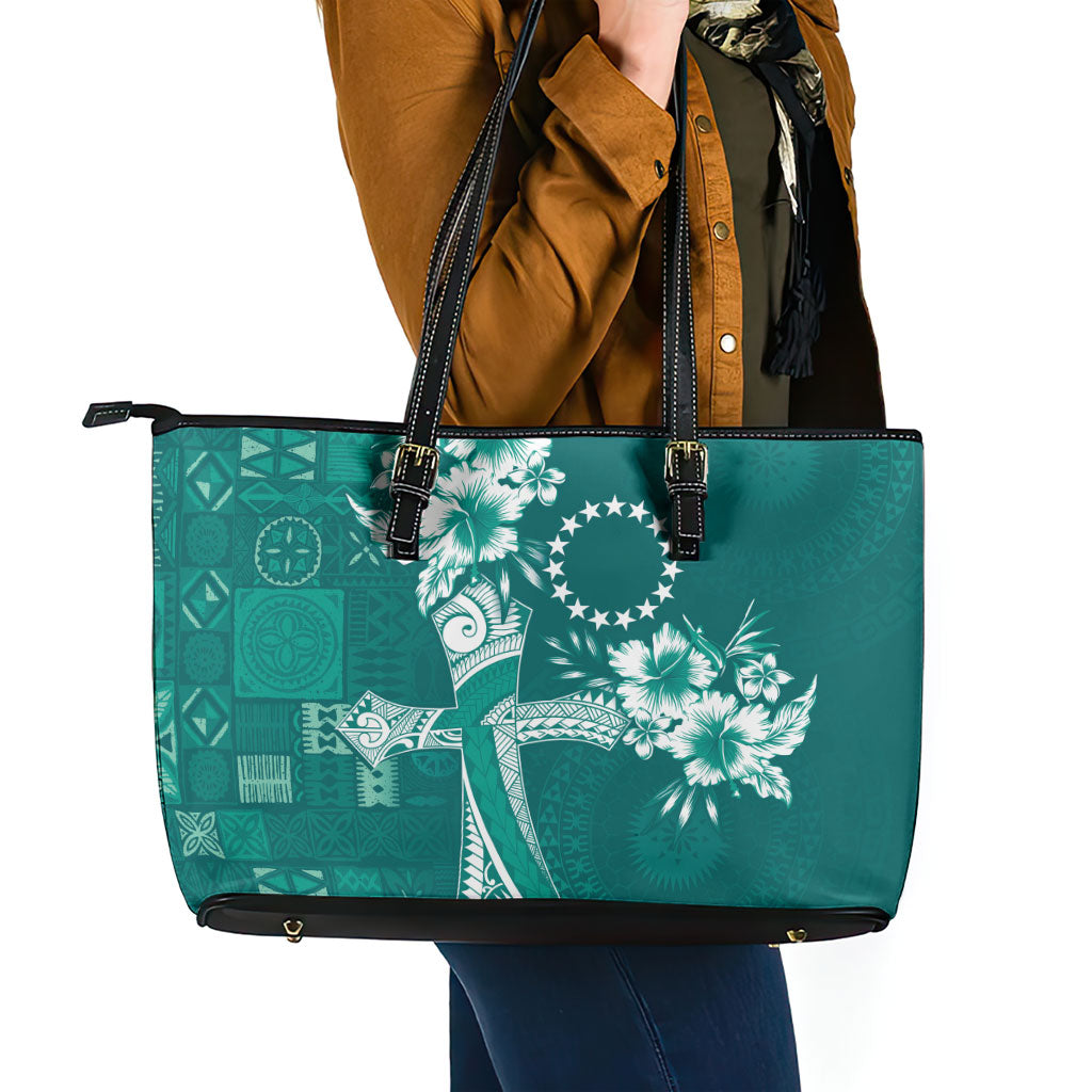 Kia Orana Cook Islands Tapa Floral With Cross Leather Tote Bag Deep Teal LT7 - Polynesian Pride