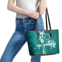 Kia Orana Cook Islands Tapa Floral With Cross Leather Tote Bag Deep Teal LT7 - Polynesian Pride