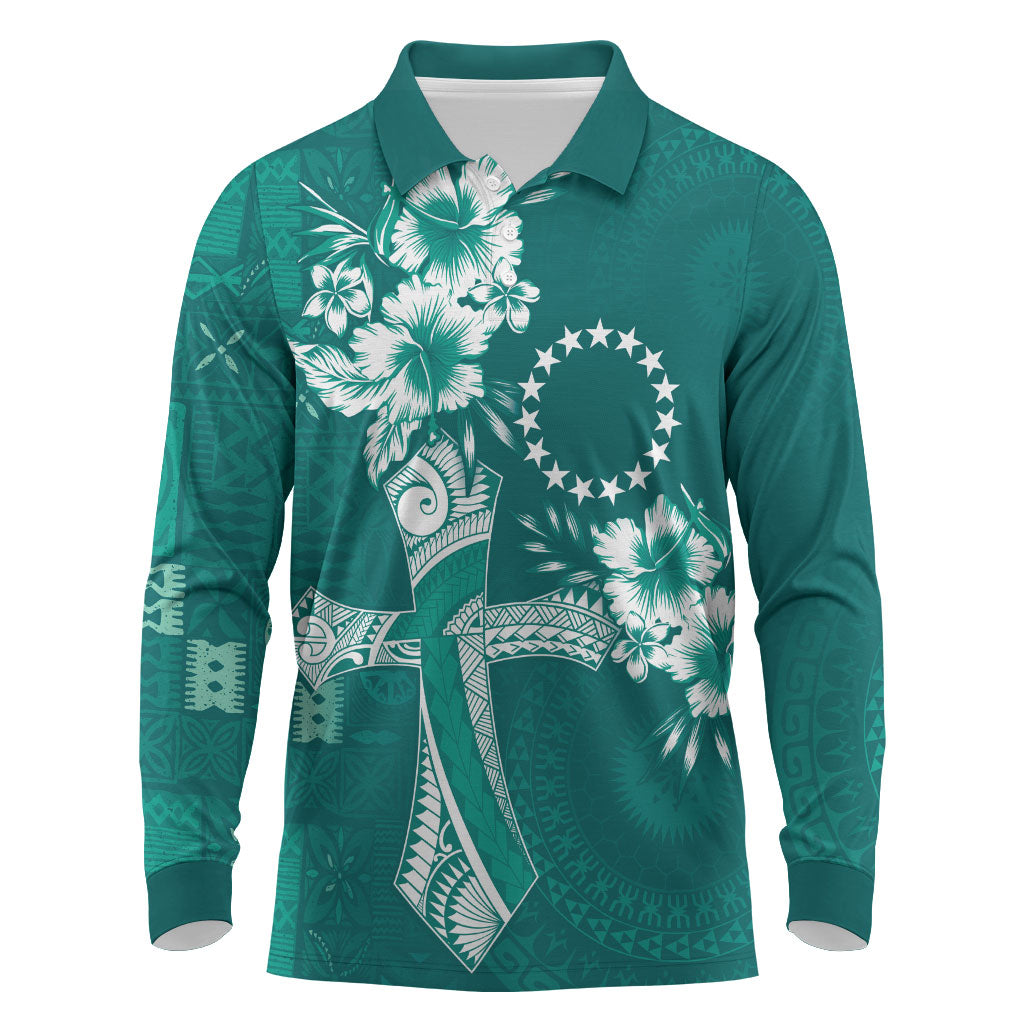Kia Orana Cook Islands Tapa Floral With Cross Long Sleeve Polo Shirt Deep Teal LT7 Deep Teal - Polynesian Pride