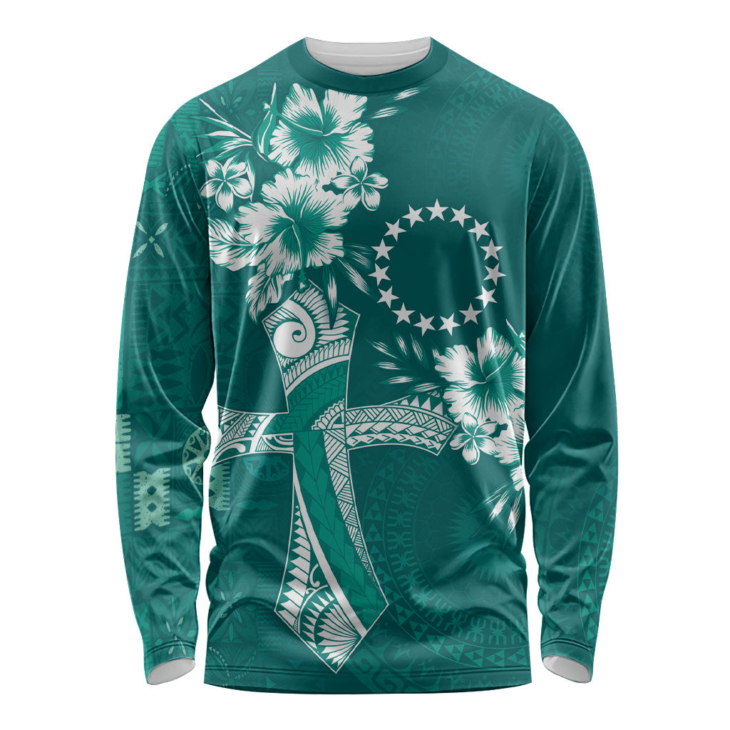 Kia Orana Cook Islands Tapa Floral With Cross Long Sleeve Shirt Deep Teal LT7 Unisex Deep Teal - Polynesian Pride