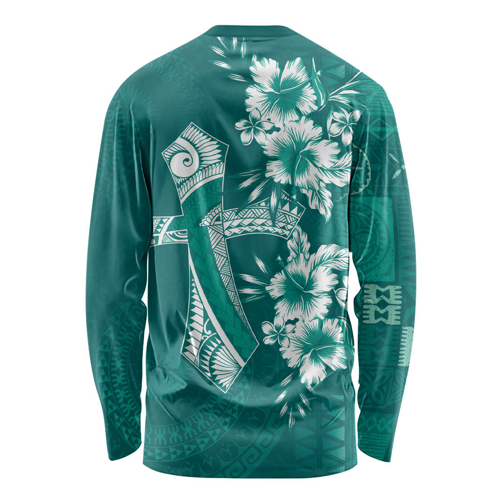 Kia Orana Cook Islands Tapa Floral With Cross Long Sleeve Shirt Deep Teal LT7 - Polynesian Pride