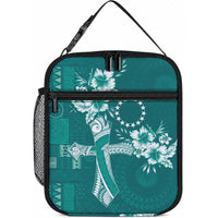 Kia Orana Cook Islands Tapa Floral With Cross Lunch Bag Deep Teal LT7 10.2 × 8.3 × 4.3 inch Deep Teal - Polynesian Pride