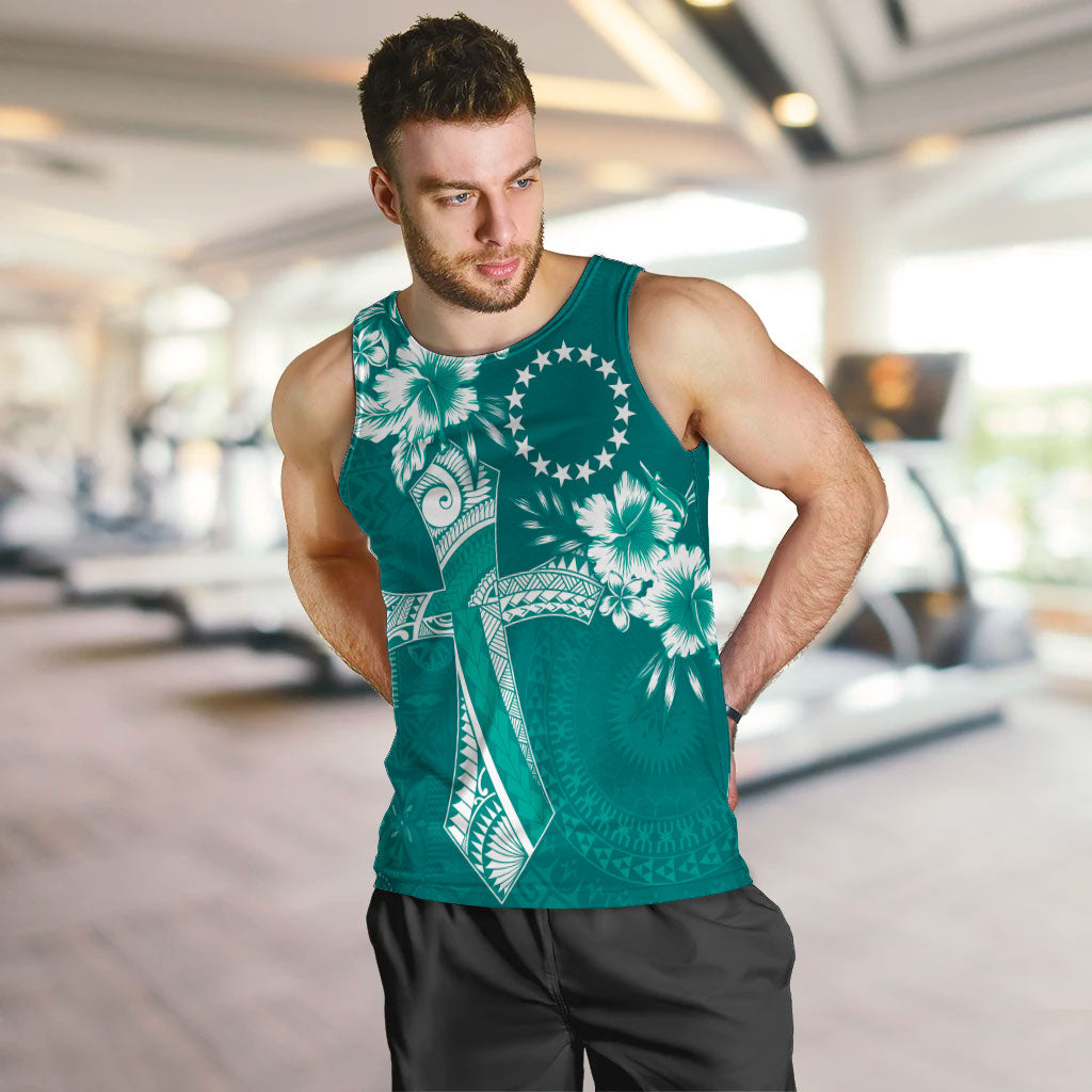 Kia Orana Cook Islands Tapa Floral With Cross Men Tank Top Deep Teal LT7 Deep Teal - Polynesian Pride