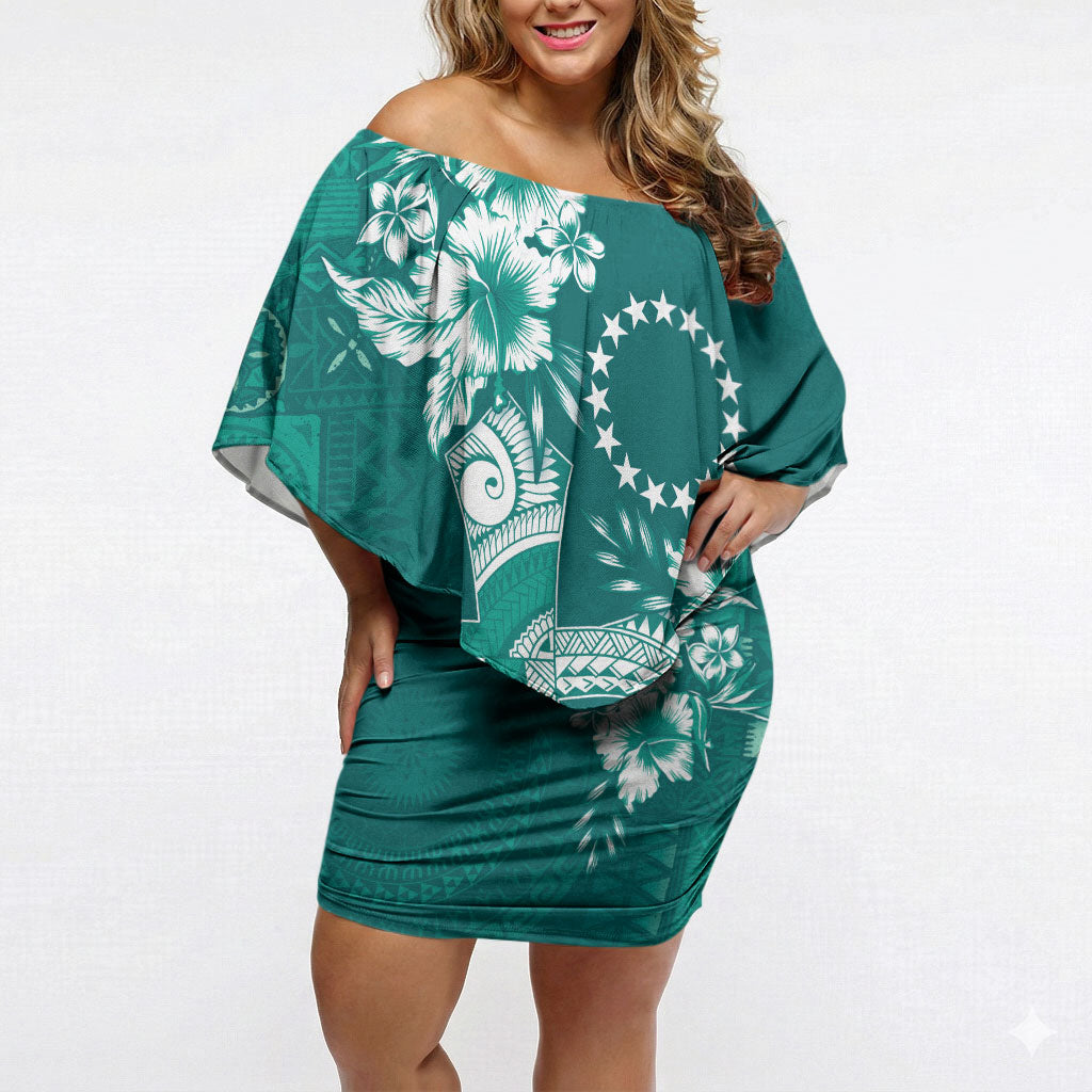 Kia Orana Cook Islands Tapa Floral With Cross Off Shoulder Short Dress Deep Teal LT7 Women Deep Teal - Polynesian Pride
