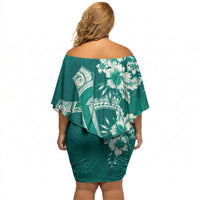 Kia Orana Cook Islands Tapa Floral With Cross Off Shoulder Short Dress Deep Teal LT7 - Polynesian Pride