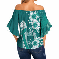 Kia Orana Cook Islands Tapa Floral With Cross Off Shoulder Wrap Waist Top Deep Teal LT7 - Polynesian Pride
