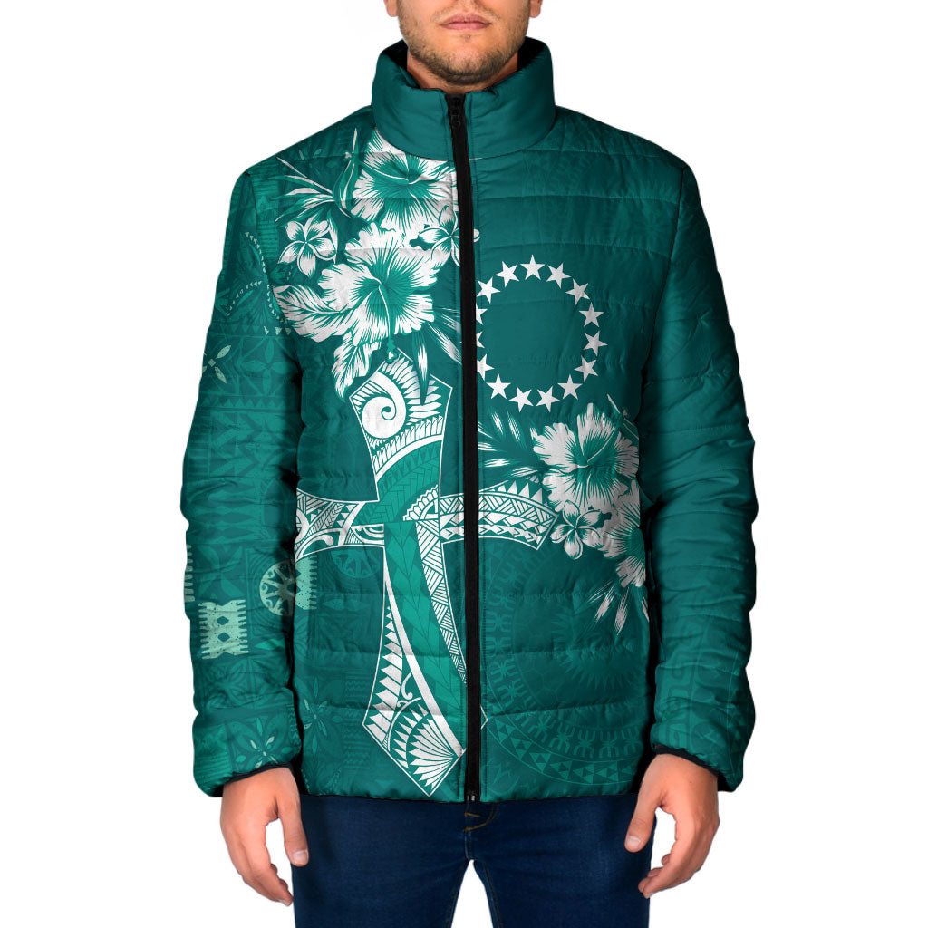 Kia Orana Cook Islands Tapa Floral With Cross Padded Jacket Deep Teal LT7 Men Deep Teal - Polynesian Pride