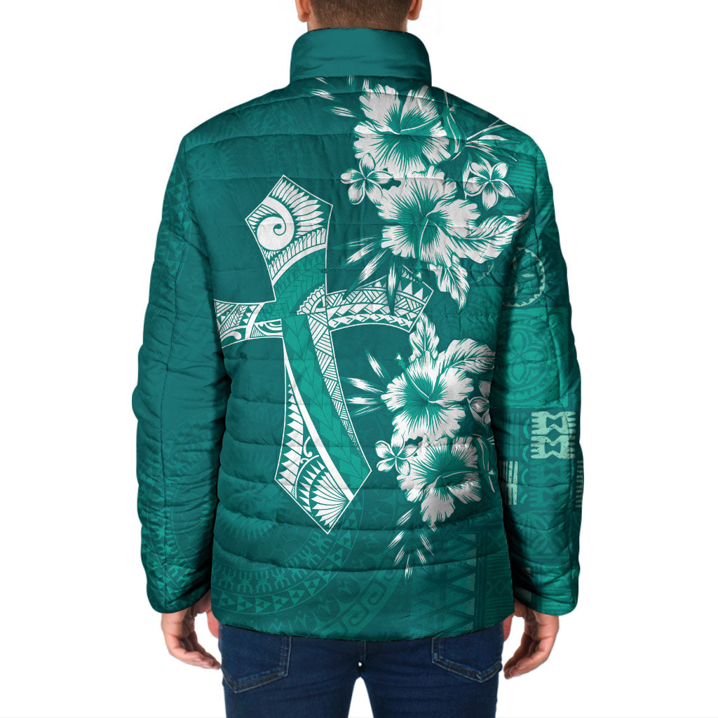 Kia Orana Cook Islands Tapa Floral With Cross Padded Jacket Deep Teal LT7 - Polynesian Pride