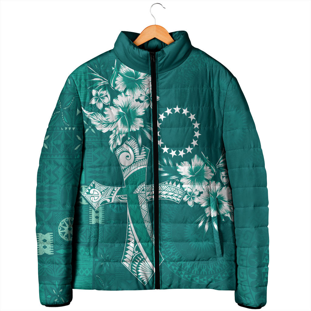 Kia Orana Cook Islands Tapa Floral With Cross Padded Jacket Deep Teal LT7 - Polynesian Pride