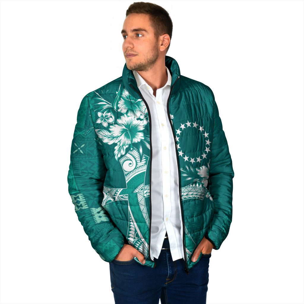 Kia Orana Cook Islands Tapa Floral With Cross Padded Jacket Deep Teal LT7 - Polynesian Pride