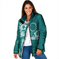 Kia Orana Cook Islands Tapa Floral With Cross Padded Jacket Deep Teal LT7 Women Deep Teal - Polynesian Pride