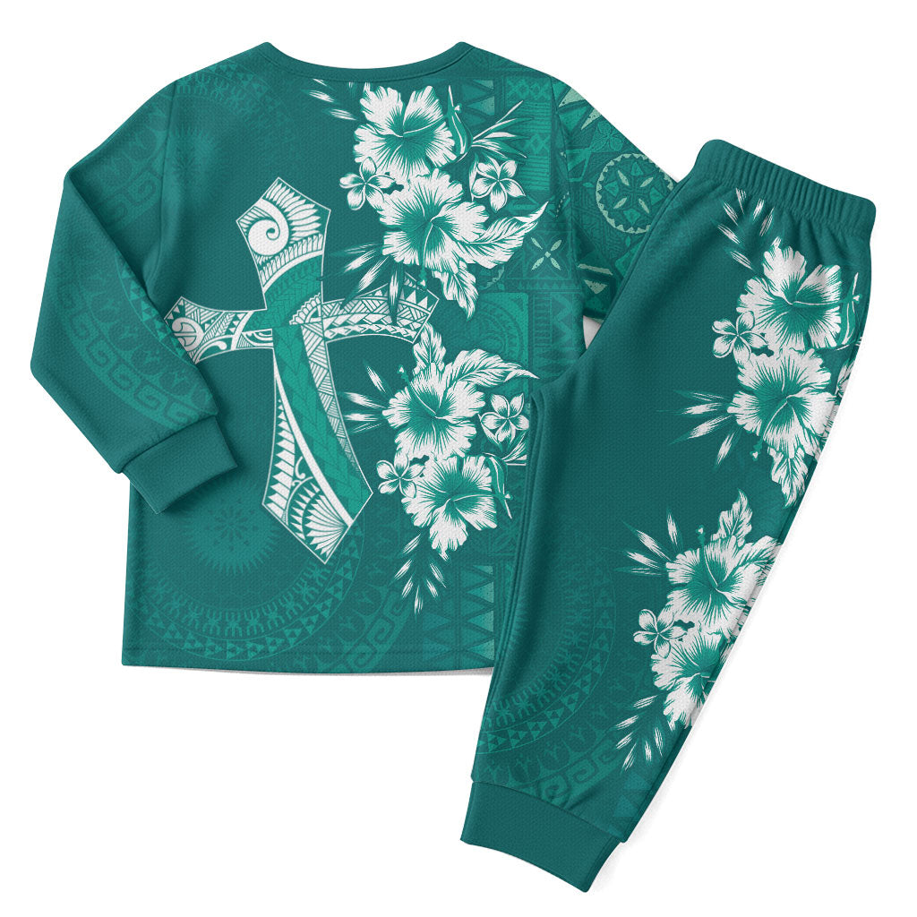 Kia Orana Cook Islands Tapa Floral With Cross Christmas Pajama Set Deep Teal LT7 - Polynesian Pride