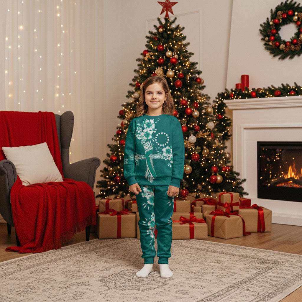 Kia Orana Cook Islands Tapa Floral With Cross Christmas Pajama Set Deep Teal LT7 Kid Deep Teal - Polynesian Pride