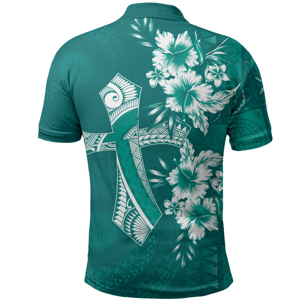 Kia Orana Cook Islands Tapa Floral With Cross Polo Shirt Deep Teal LT7 - Polynesian Pride