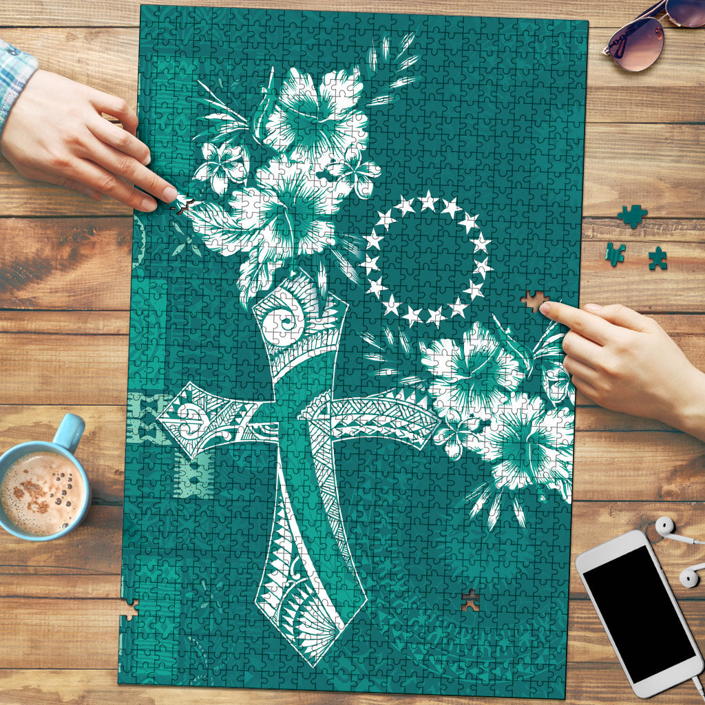 Kia Orana Cook Islands Tapa Floral With Cross Puzzle Deep Teal LT7 Deep Teal - Polynesian Pride