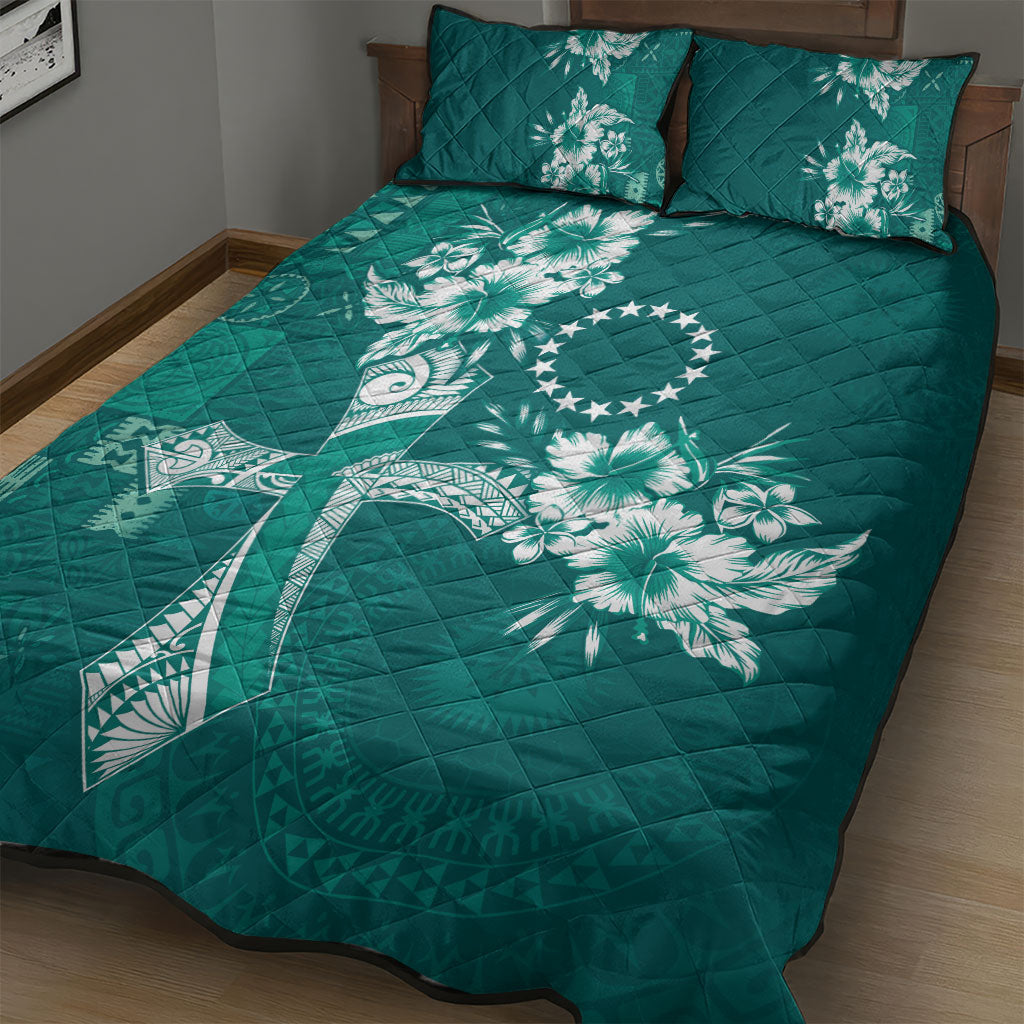 Kia Orana Cook Islands Tapa Floral With Cross Quilt Bed Set Deep Teal LT7 - Polynesian Pride