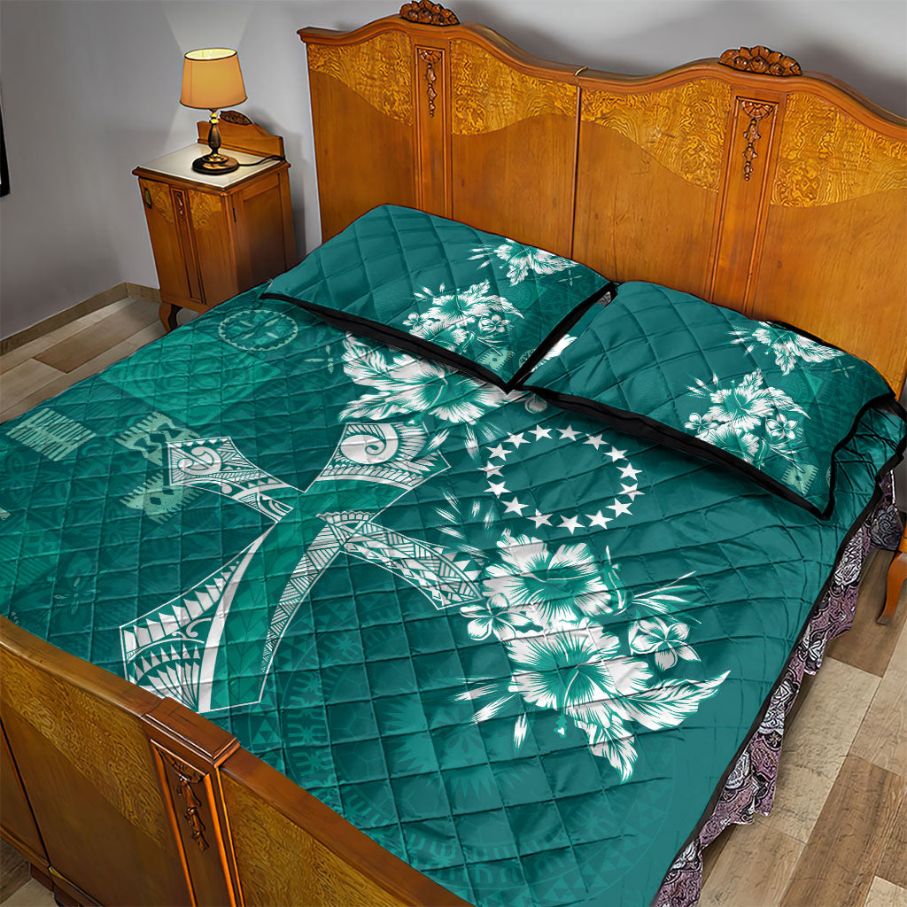 Kia Orana Cook Islands Tapa Floral With Cross Quilt Bed Set Deep Teal LT7 - Polynesian Pride