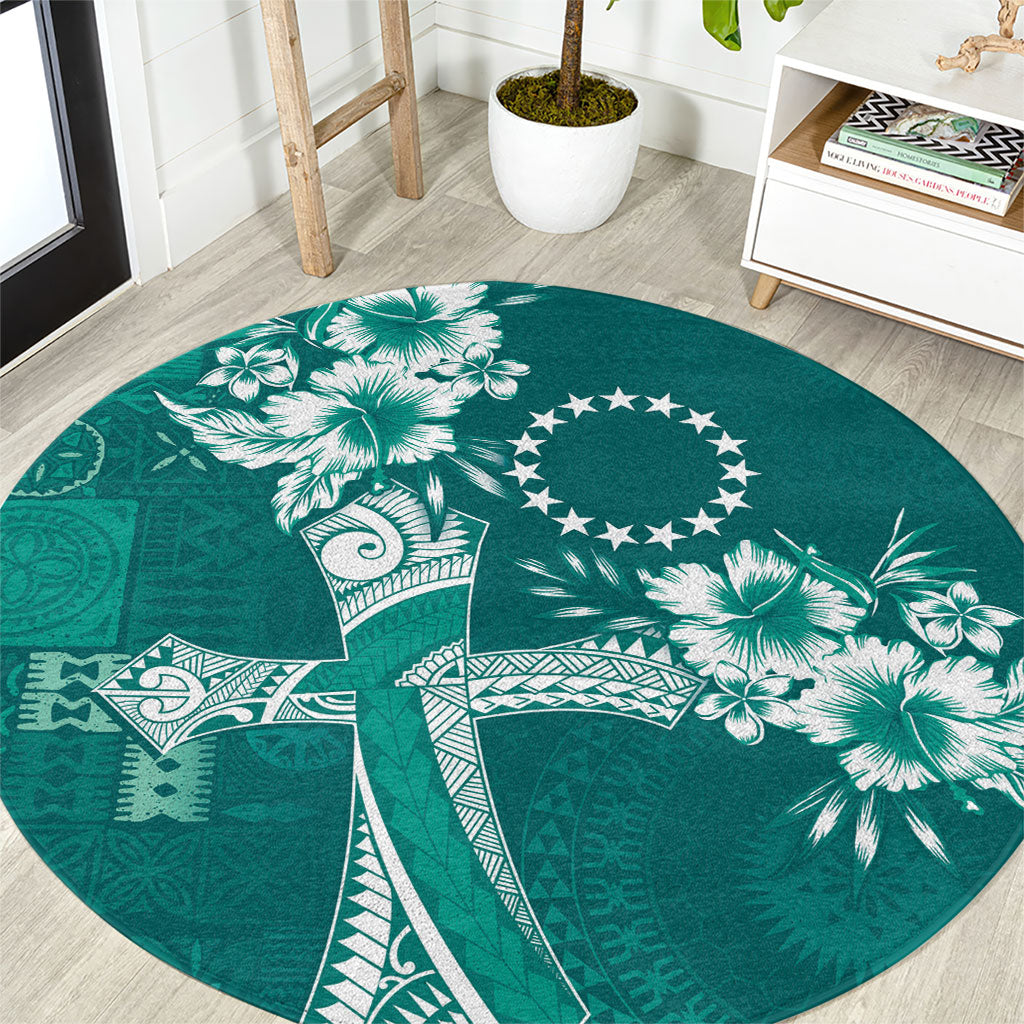 Kia Orana Cook Islands Tapa Floral With Cross Round Carpet Deep Teal LT7 Deep Teal - Polynesian Pride