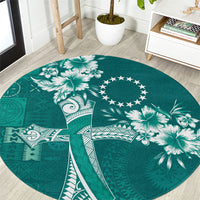 Kia Orana Cook Islands Tapa Floral With Cross Round Carpet Deep Teal LT7 Deep Teal - Polynesian Pride
