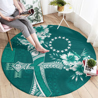 Kia Orana Cook Islands Tapa Floral With Cross Round Carpet Deep Teal LT7 - Polynesian Pride