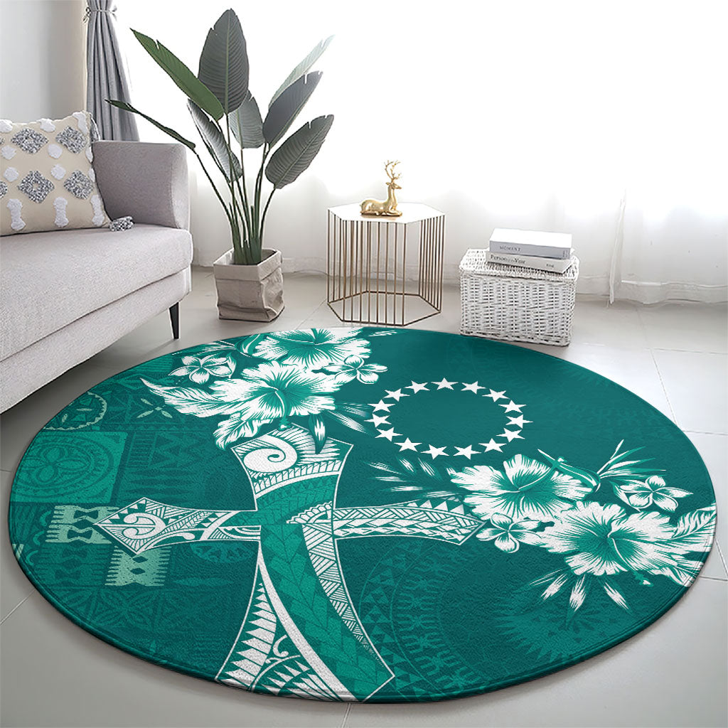 Kia Orana Cook Islands Tapa Floral With Cross Round Carpet Deep Teal LT7 - Polynesian Pride