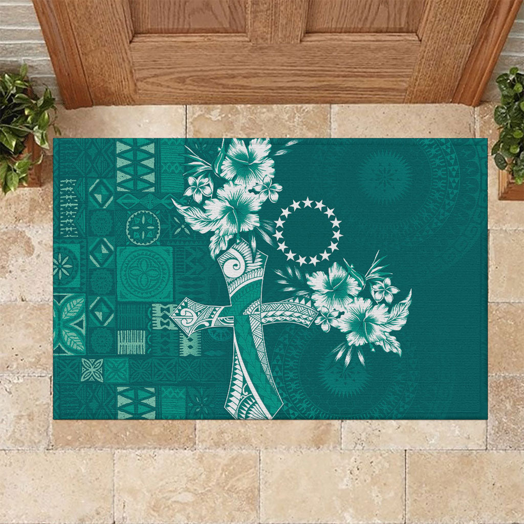 Kia Orana Cook Islands Tapa Floral With Cross Rubber Doormat Deep Teal LT7 Deep Teal - Polynesian Pride