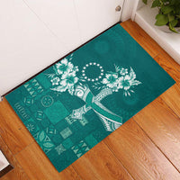 Kia Orana Cook Islands Tapa Floral With Cross Rubber Doormat Deep Teal LT7 - Polynesian Pride