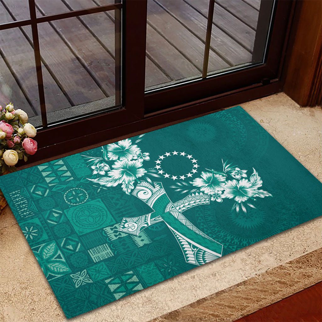 Kia Orana Cook Islands Tapa Floral With Cross Rubber Doormat Deep Teal LT7 - Polynesian Pride
