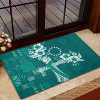 Kia Orana Cook Islands Tapa Floral With Cross Rubber Doormat Deep Teal LT7 - Polynesian Pride