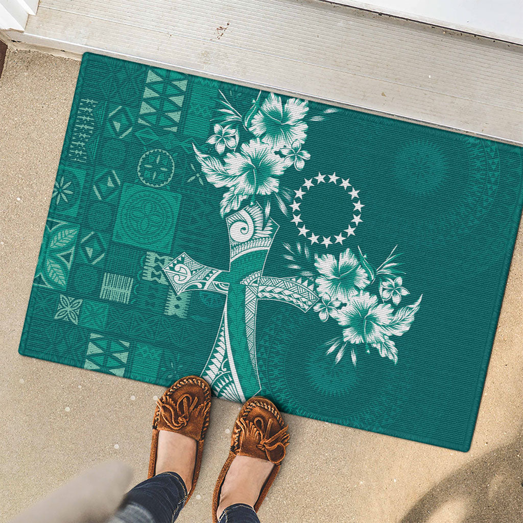 Kia Orana Cook Islands Tapa Floral With Cross Rubber Doormat Deep Teal LT7 - Polynesian Pride