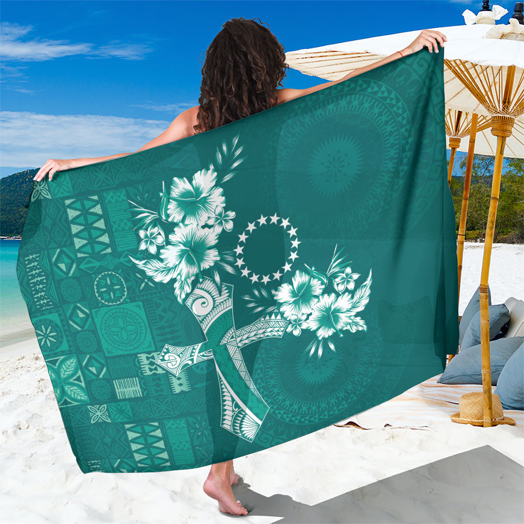 Kia Orana Cook Islands Tapa Floral With Cross Sarong Deep Teal LT7 One Size 44 x 66 inches Deep Teal - Polynesian Pride