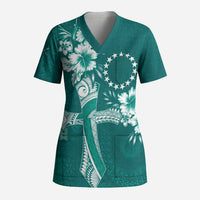 Kia Orana Cook Islands Tapa Floral With Cross Scrub Top Deep Teal LT7 Adult Deep Teal - Polynesian Pride