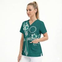 Kia Orana Cook Islands Tapa Floral With Cross Scrub Top Deep Teal LT7 - Polynesian Pride