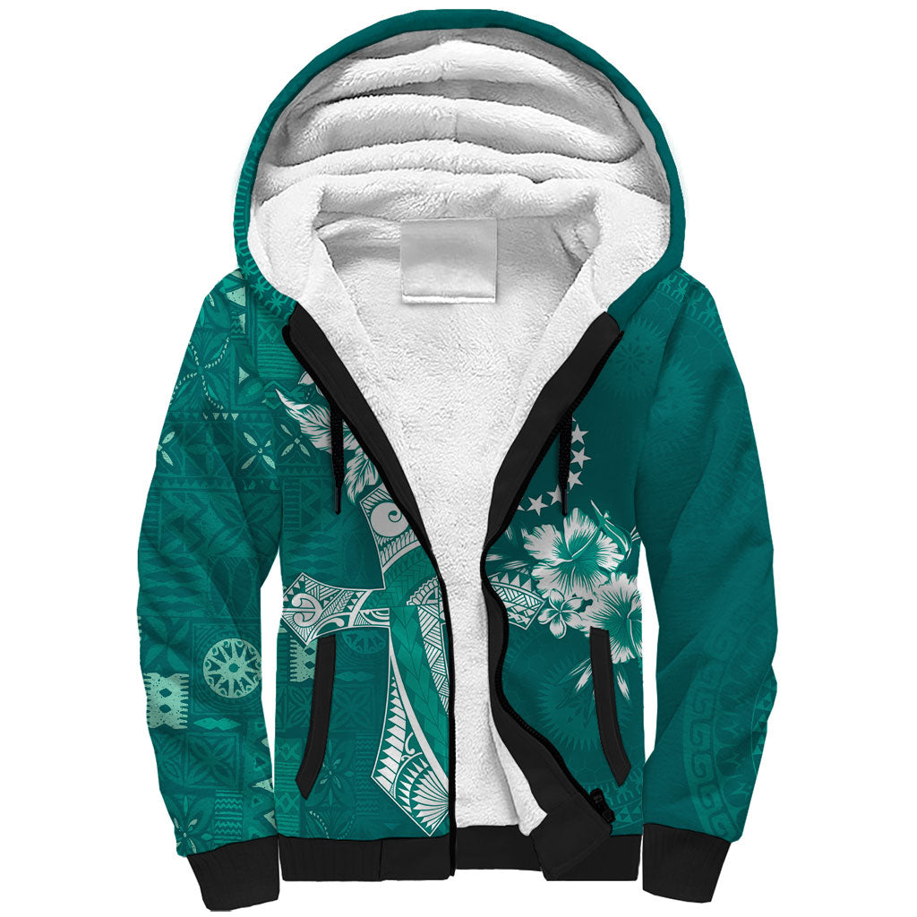 Kia Orana Cook Islands Tapa Floral With Cross Sherpa Hoodie Deep Teal LT7 Unisex Deep Teal - Polynesian Pride