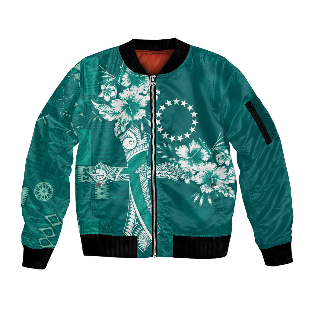 Kia Orana Cook Islands Tapa Floral With Cross Sleeve Zip Bomber Jacket Deep Teal LT7 Unisex Deep Teal - Polynesian Pride