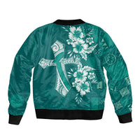 Kia Orana Cook Islands Tapa Floral With Cross Sleeve Zip Bomber Jacket Deep Teal LT7 - Polynesian Pride