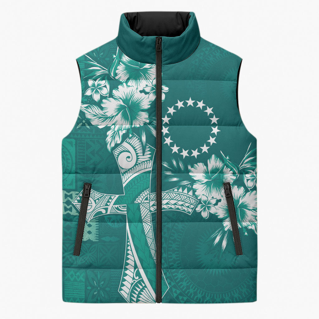 Kia Orana Cook Islands Tapa Floral With Cross Sleeveless Puffer Jacket Deep Teal LT7 Unisex Deep Teal - Polynesian Pride